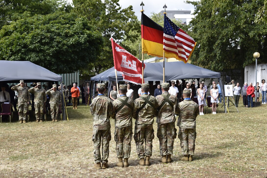 Col. Daniel R. Kent became the 23rd commander of the U.S. Army Corps of Engineers, Europe District, during a military change of command ceremony at the Amelia Earhart Center July 5, 2023. He assumed leadership from Col. Patrick J Dagon, who had commanded Europe District since June 2020. Kent takes command of one of the largest and most globally diverse Districts in the U.S. Army Corps of Engineers. (U.S. Army photo by Chris Gardner)