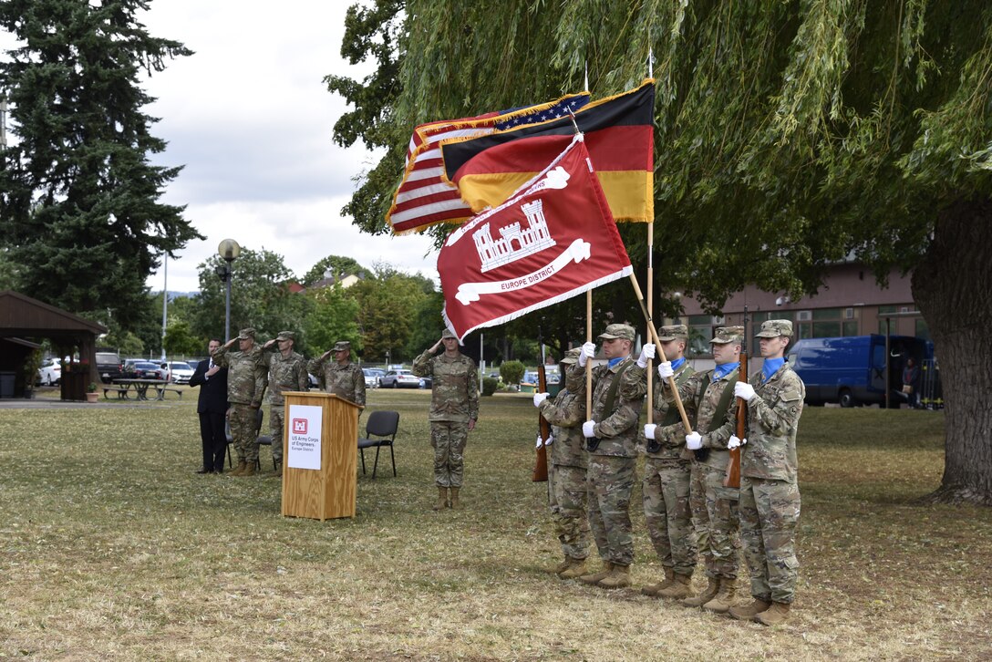 Col. Daniel R. Kent became the 23rd commander of the U.S. Army Corps of Engineers, Europe District, during a military change of command ceremony at the Amelia Earhart Center July 5, 2023. He assumed leadership from Col. Patrick J Dagon, who had commanded Europe District since June 2020. Kent takes command of one of the largest and most globally diverse Districts in the U.S. Army Corps of Engineers. (U.S. Army photo by Chris Gardner)