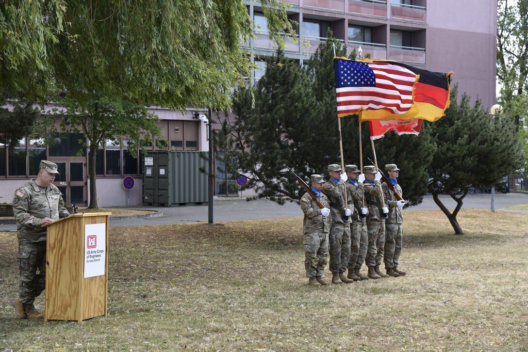 Incoming U.S. Army Corps of Engineers, Europe District Commander Col. Daniel R. Kent addresses guests and members of the Europe District team during a military change of command ceremony at the Amelia Earhart Center July 5, 2023. He assumed leadership from Col. Patrick J Dagon, who had commanded Europe District since June 2020. Kent takes command of one of the largest and most globally diverse Districts in the U.S. Army Corps of Engineers. (U.S. Army photo by Chris Gardner) (Photo Credit: Christopher Gardner)