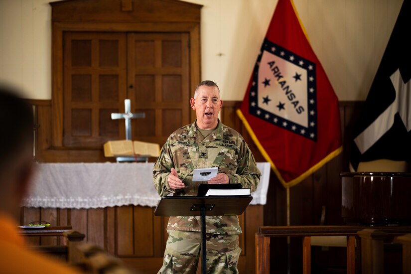 Col. William Draper, chaplin, Kentucky Army National Guard, delivers a sermon on honesty for attendees of the Cyber Shield Training exercise at the Camp Robinson chapel, Little Rock Ark., June 2-16, 2023. More than 800 National Guard Soldiers, Airmen, and civilian cyber professionals from around the world gather during this year’s Cyber Shield Training exercise. More than 25 states and territories will participate in the event and will make a signifiacnt milestone as members from five State Partnership Programs join forces with the National Guard cyber teams for the first time during the event. (Kentucky National Guard photo by Staff Sgt. Jeffery Reno)