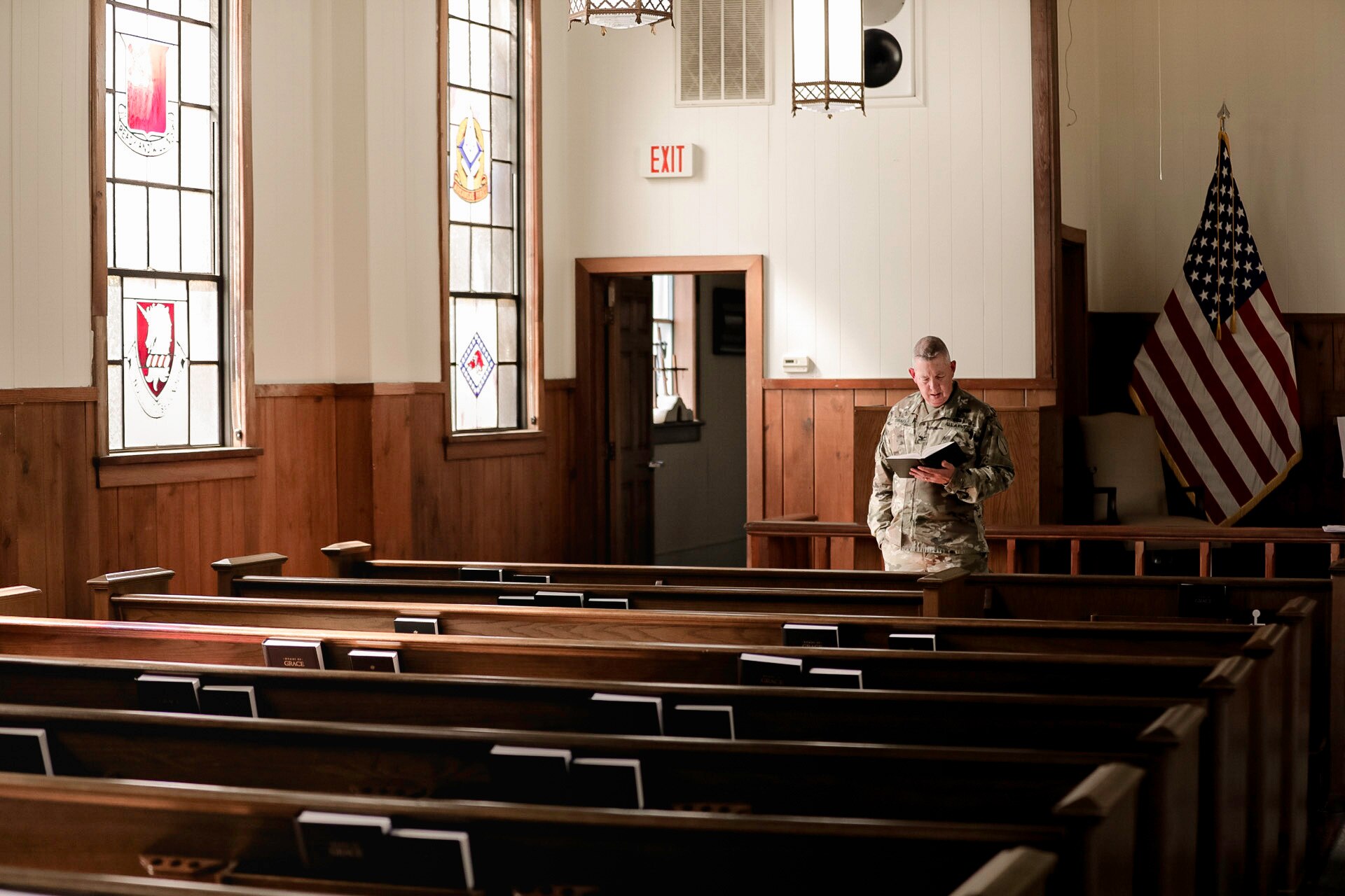 Col. William Draper, chaplin, Kentucky Army National Guard, prepares to deliver a sermon for attendees of the Cyber Shield Training exercise at the Camp Robinson chapel, Little Rock Ark., June 2-16, 2023. More than 800 National Guard Soldiers, Airmen, and civilian cyber professionals from around the world gather during this year’s Cyber Shield Training exercise. More than 25 states and territories will participate in the event and will make a signifiacnt milestone as members from five State Partnership Programs join forces with the National Guard cyber teams for the first time during the event. (Kentucky National Guard photo by Staff Sgt. Jeffery Reno)