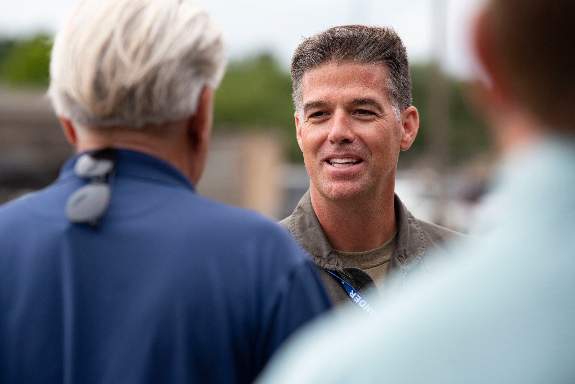 U.S. Air Force Col. Sean “Ole” Baerman, 23rd Fighter Group commander, speaks with honorary commanders during an HCC immersion day at Moody Air Force Base, Georgia, June 21, 2023. The Honorary Commander Program partners local leaders with units at Moody AFB and encourages the exchange of ideas, experiences and support between the base and local community. (U.S. Air Force photo by Staff Sgt. Thomas Johns)