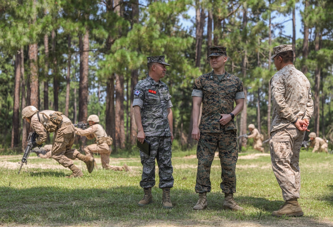 Sergeant. Maj. Jeryong Lee, the Republic of Korea Sgt. Maj. of the Marine Corps, conducts a tour of Marine Corps Recruit Depot Parris Island S.C., June 29, 2023. During his time on the depot, Sgt. Maj. Lee visited with depot staff and observed recruit training methods and techniques. (U.S. Marine Corps photo by Lance Cpl. Ava Alegria)