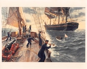 A painting by Gil Cohen entitled: "Inspection of a Merchant Ship."