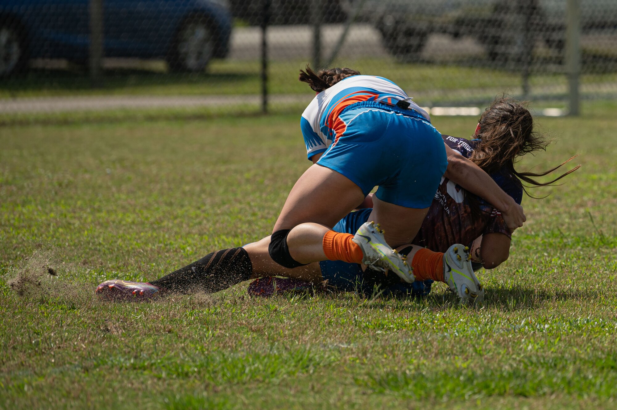 U.S. Air Force Staff Sgt. Amanda Gonzalez, 924th Maintenance Squadron A-10 crew chief, U.S. Air Force and Space Force Women's rugby Team player,  scores during the Armed Forces Women’s Rugby Championship in Wilmington, North Carolina, June 24, 2023. The Air Force beat the Coast Guard advancing in the tournament. The Air and Space Force competed against teams from other branches of services ultimately winning the championship. (U.S. Air Force photo by Airman 1st Class Rebecca Sirimarco-Lang)