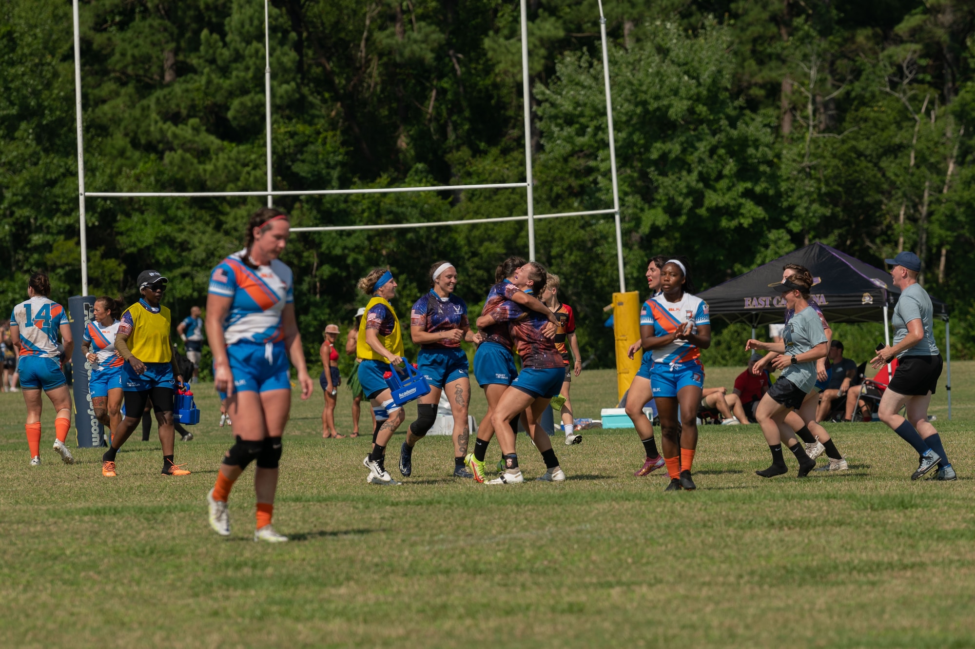 The U.S. Air Force and Space Force Women’s Rugby Team celebrate their victory against the U.S. Coast Guard at the Annual Armed Forces Women’s Rugby Championship in Wilmington, North Carolina, June 24, 2023. The joint competition included athletes from each branch of the Department of Defense to promote fitness and camaraderie. (U.S. Air Force photo by Airman 1st Class Rebecca Sirimarco-Lang)