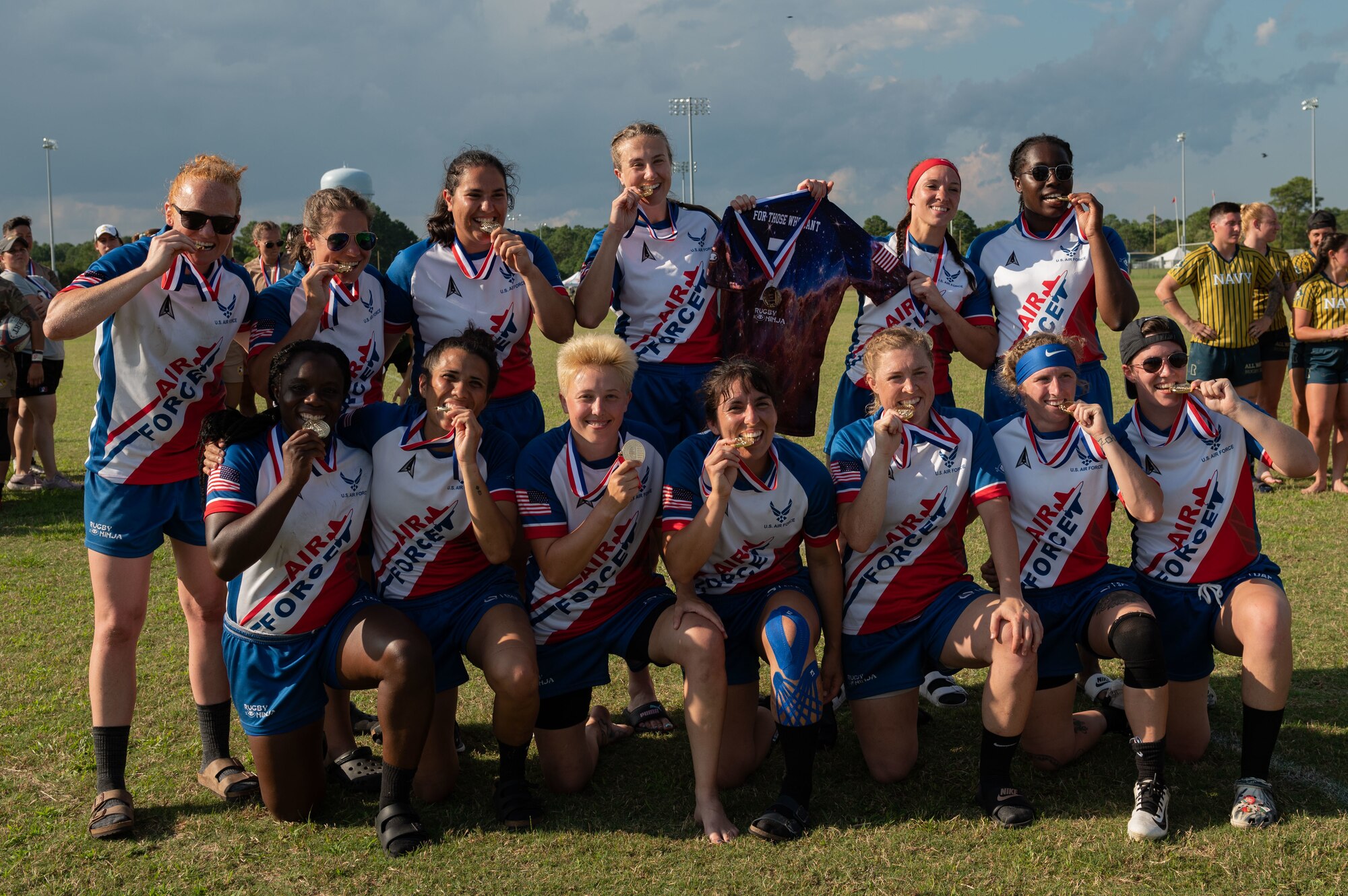 The U.S. Air Force and Space Force Women’s Rugby Team poses for a group photo at the Annual Armed Forces Women’s Rugby Championship in Wilmington, North Carolina, June 24, 2023. The team took first place with a final standing of three wins and one tie. (U.S. Air Force photo by Airman 1st Class Rebecca Sirimarco-Lang)