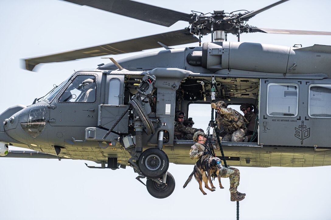 An airman and a dog wearing goggles and a mask are attached to a cable in the air outside a helicopter.