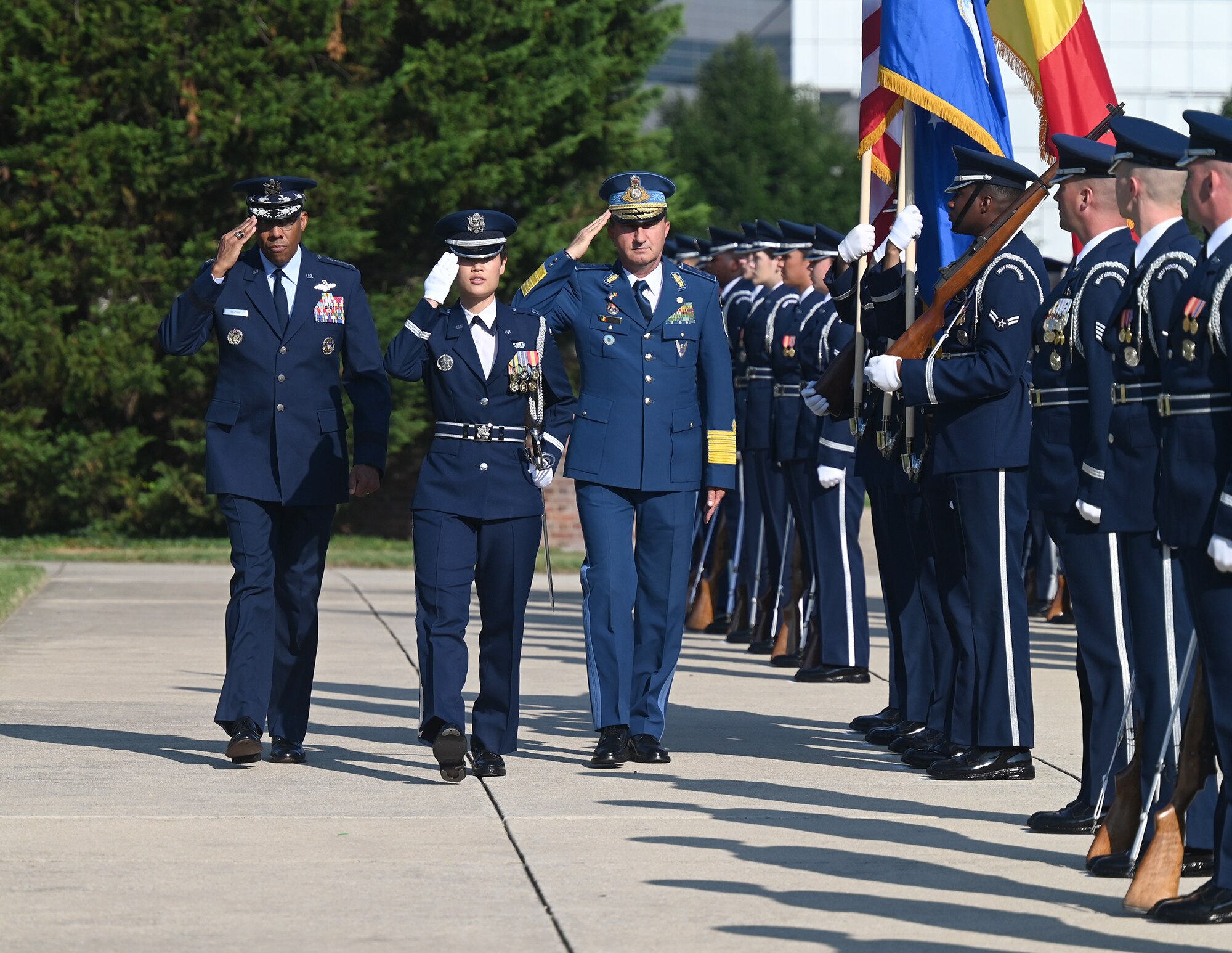 Air Force Chief of Staff Gen. CQ Brown, Jr. hosts Chief of the Romanian Air Force Staff Lt. Gen. Viorel Pană during a full honors arrival ceremony at Joint Base Anacostia-Bolling, Washington, D.C., June 27, 2023.