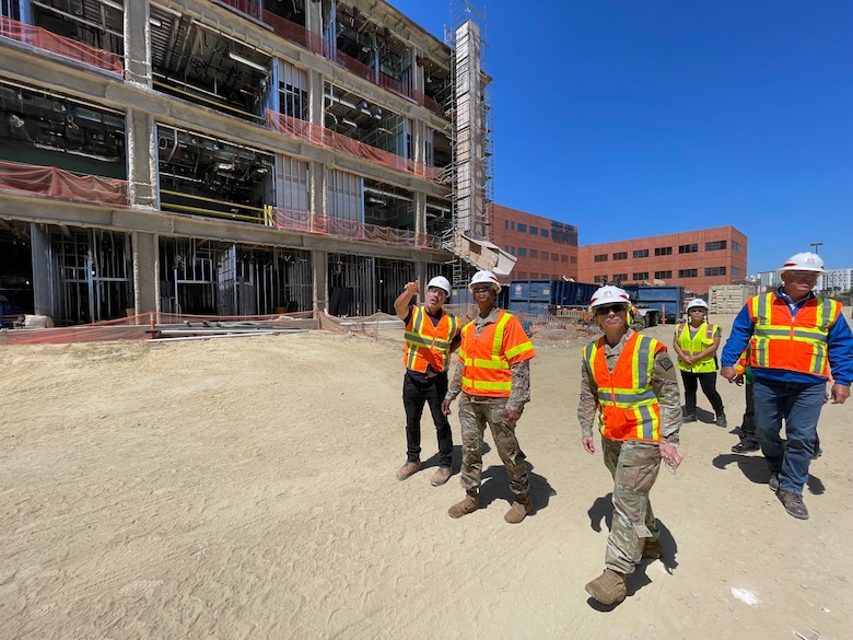 Brig. Gen. Antoinette Gant, U.S. Army Corps of Engineers South Pacific Division commander, second from left, embarks on a walkthrough of the new Spinal Cord Injury/Community Living Center, scheduled to be complete in fall 2024, at the Veterans Affairs San Diego Health Care System campus. In this photo, Gant is accompanied by Col. Julie Balten, the Corps’ Los Angeles District commander, center; Justin Gay, LA District’s deputy district engineer, right; Andrea Vera, deputy director for facilities operations with the Department of Veterans Affairs’ Office of Construction and Facilities Management at the VA San Diego campus; and Daniel Carpio, technical lead with the Engineering and Construction Division from the Corps’ Albuquerque District, left.
