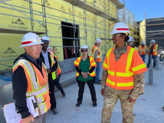 Michael Martino, quality assurance lead with the U.S. Army Corps of Engineers Los Angeles District, left, shows portions of the under-construction Spinal Cord Injury/Community Living Center to Brig. Gen. Antoinette Gant, right, the Corps’ South Pacific Division commander, June 28 at the Veterans Affairs San Diego Health Care System campus.