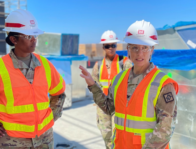 Col. Julie Balten, U.S. Army Corps of Engineers Los Angeles District commander, right, speaks with members of the LA District and Department of Veterans Affairs’ Office of Construction and Facilities Management who are working together on the new Spinal Cord Injury/Community Living Center and seven-story parking structure, during a June 28 walkthrough of the Veterans Affairs San Diego Health Care System campus.