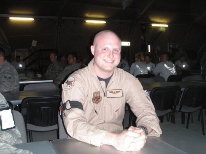 U.S. Air Force Senior Airman Brendan Balko, KC-135 Stratotanker boom operator, sits at a transit center while deployed at Kyrgyzstan, Aug. 1, 2009. Balko started his Air Force career in 2007 as a boom operator. (Courtesy photo)