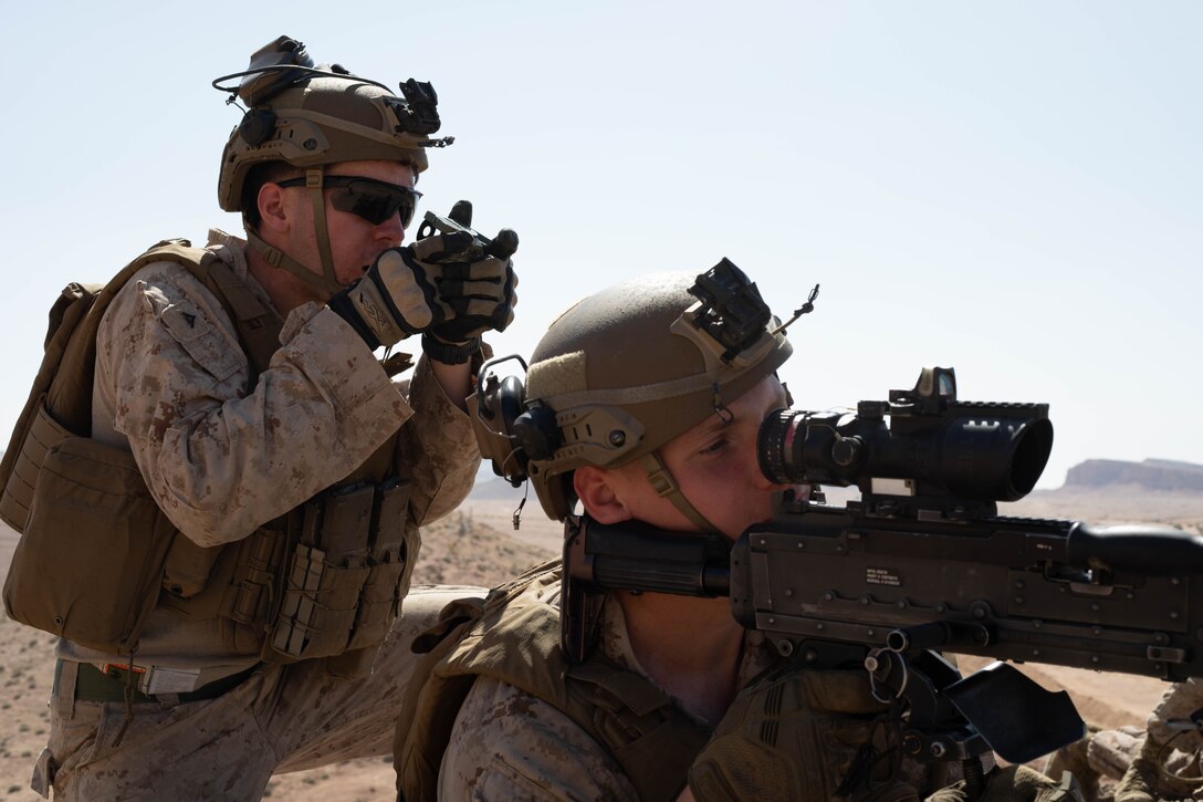 U.S. Marine Corps Lance Cpl. Tristan Gibson and Lance Cpl. Andrew Trombley with 2nd Battalion, 5th Marines, 1st Marine Division, conducts a dry fire exercise during Intrepid Maven 23.4, July 3, 2023. Intrepid Maven is a bilateral exercise between U.S. Marine Corps Forces, Central Command and Jordanian Armed Forces designed to improve interoperability, strengthen partner-nation relationships in the U.S. Central Command area of responsibility, and improve both individual and bilateral unit readiness. Gibson is a native of Edmond, OK and Trombley is a native of Fairbanks, AK. (U.S. Marine Corps photo by Cpl. Khalil Brown)
