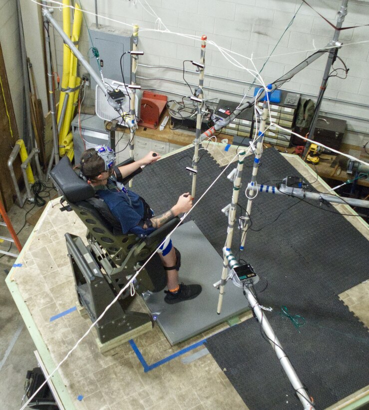 A U.S. Coast Guard test participant in standing bolster is being exposed to simulated Sea State III conditions, May 23. Sea State is the general condition of the free surface on a large body of water, with respect to wind waves and swell, at a certain location and moment. The Phase I bolster was provided for leaning and bracing. (U.S. Navy photo by Ronnie Newsome)