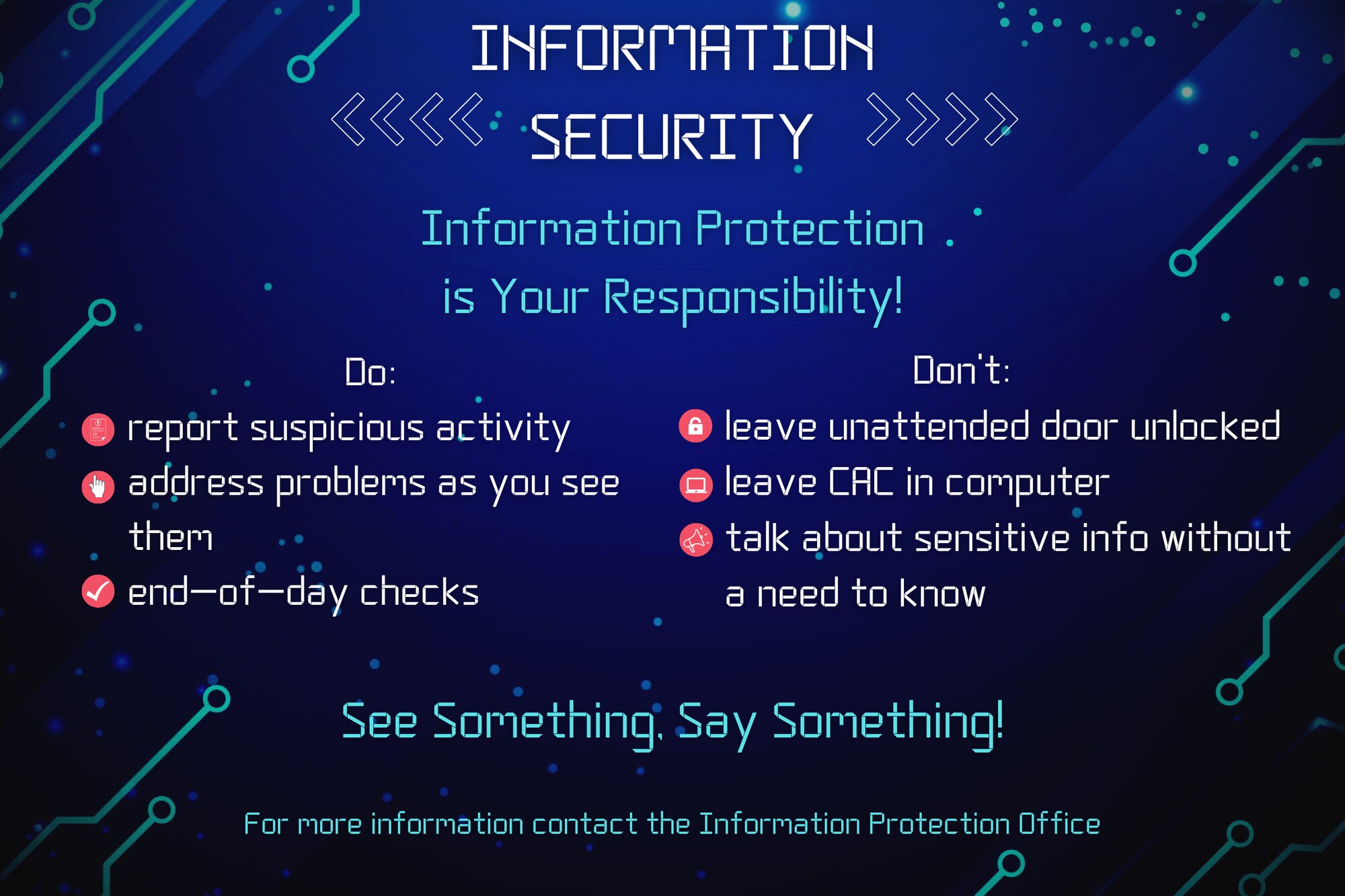 Graphic illustrating the importance of Information Protection at McConnell Air Force Base, Kansas. Information Protection is the key to maintaining the privacy, integrity, and security of the mission at all levels and it is the responsibility of everyone involved. (U.S. Air Force graphic by Staff Sgt. Tryphena Mayhugh)