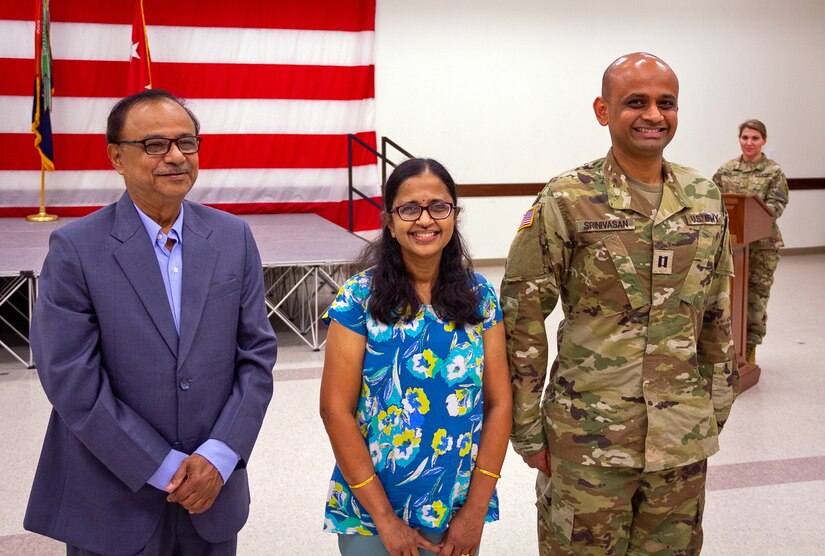 Captain Venkatesh Srinivasan stands proudly after receiving a direct commission as an officer at the rank of captain during his commissioning ceremony at Joint Reserve Base Ellington, Texas, June 25, 2023. Srinivasan joined the Army Reserve in October 2015 and worked tirelessly to receive a direct commission as an officer at the rank of captain. (U.S. Army photo by Maj. Charles An, U.S. Army Reserve Innovation Command)