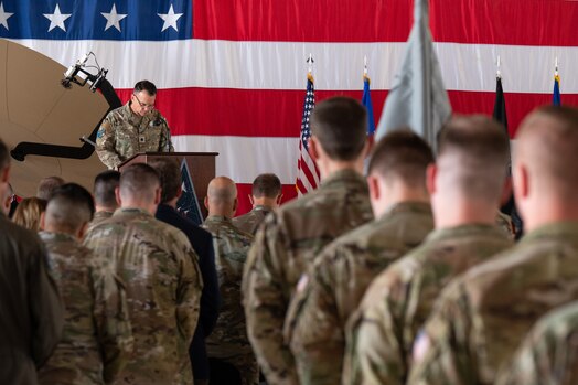  U.S. Air Force Lt. Col. Douglas Hess, Deputy Installation Chaplain for Space Base Delta 1, delivers the invocation for the Delta 3-Electromagnetic Warfare change of command ceremony June 29, 2023, at Peterson Space Force Base. DEL 3 trains and presents operational combat-ready space electromagnetic warfare forces in support of assigned missions. (U.S. Space Force photo by Airman 1st Class Cody Friend)