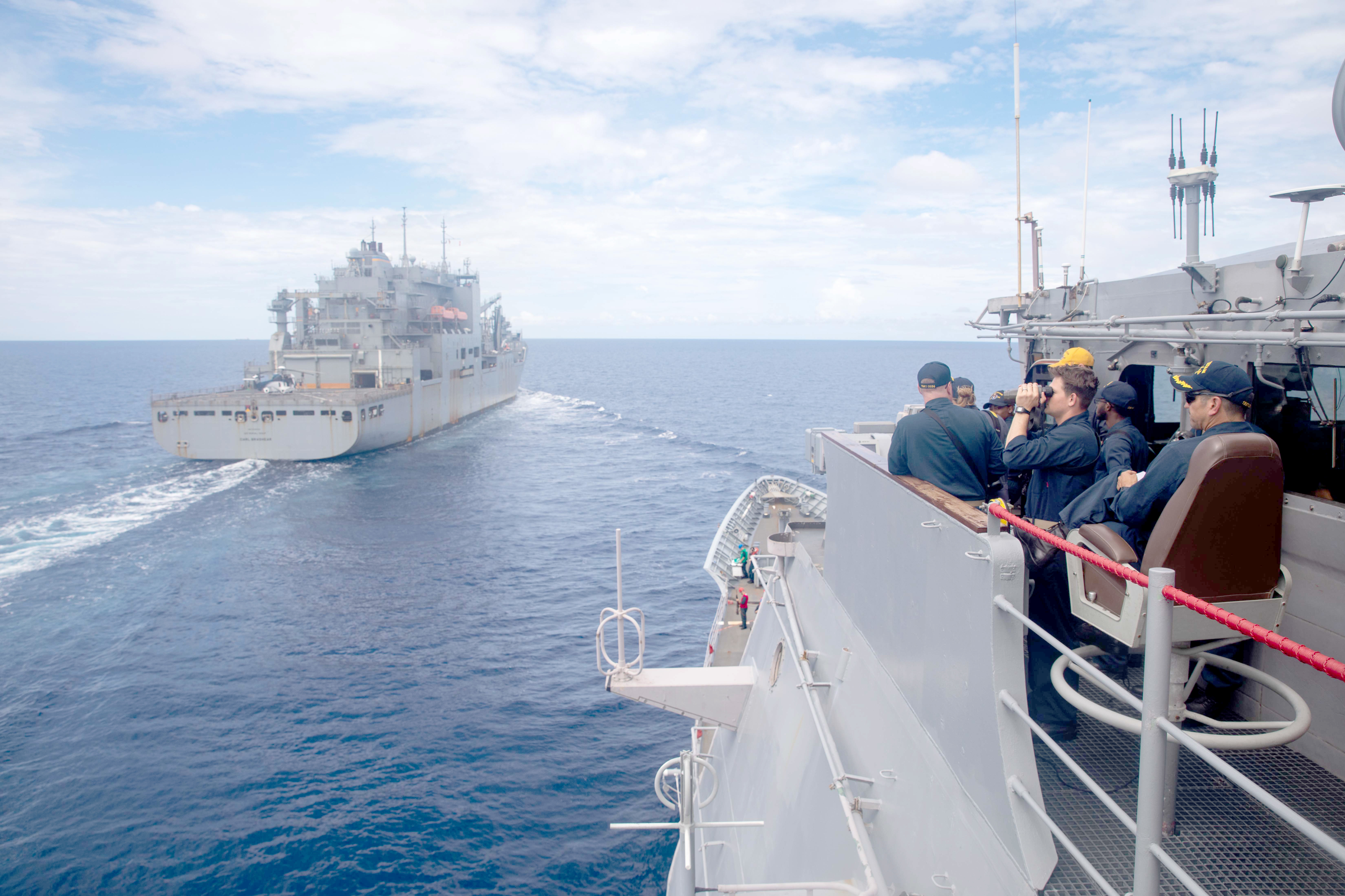 USS Antietam (CG 54) approaches USNS Carl Brashear (T-AKE 7) for a replenishment in the South China Sea.