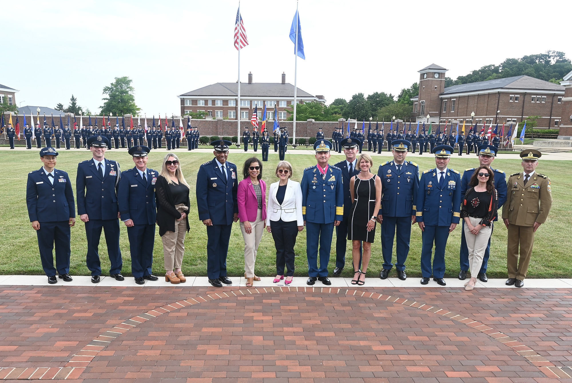 Air Force Chief of Staff Gen. CQ Brown, Jr. hosts Chief of the Romanian Air Force Staff Lt. Gen. Viorel Pană during a full honors arrival ceremony at Joint Base Anacostia-Bolling, Washington, D.C., June 27, 2023.