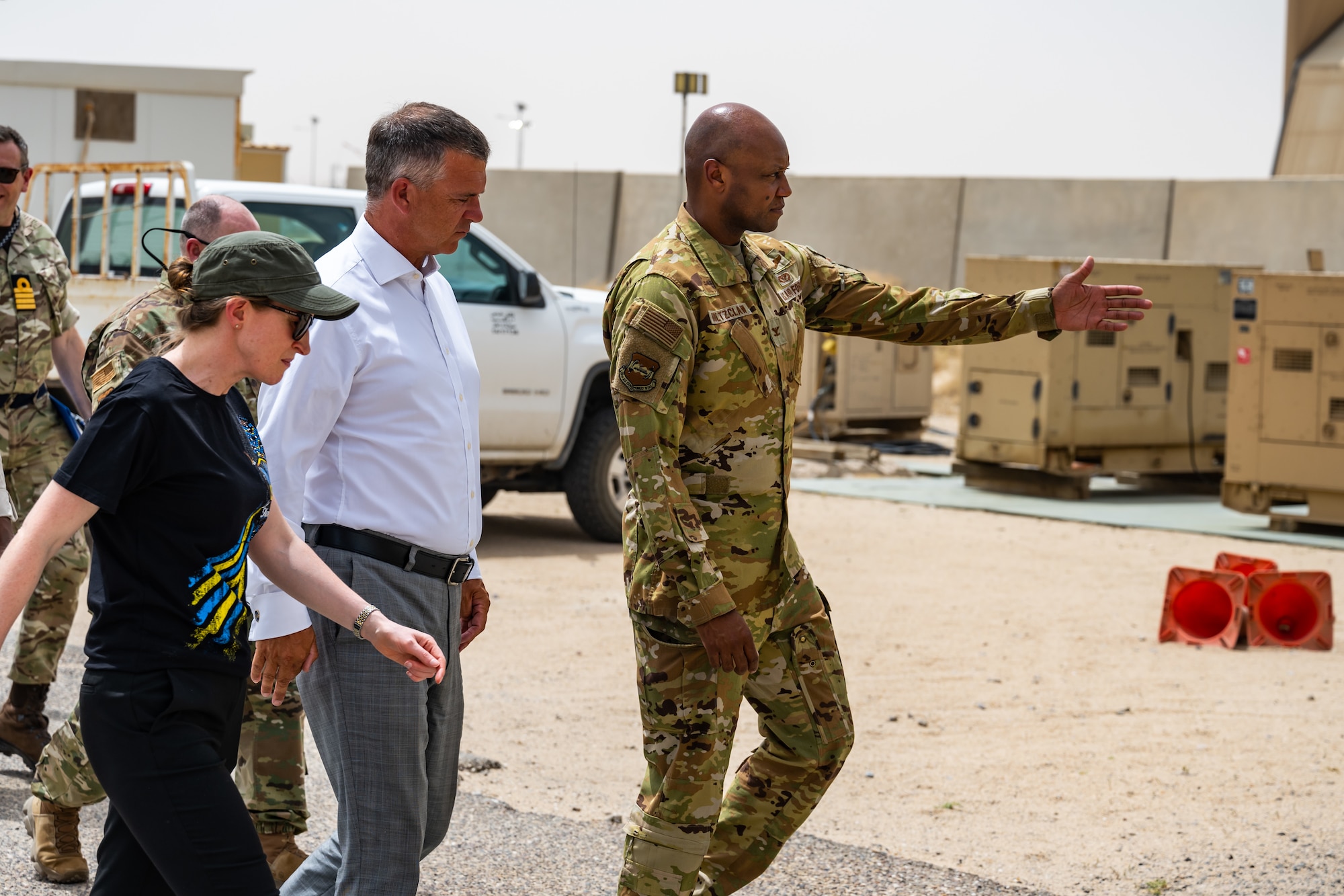 From left, Ambassador Belinda Lewis, British Ambassador to Kuwait, Lord Mark Lancaster, United Kingdom Government’s Defence Export Advocate, and U.S. Air Force Col. Damion Holtzclaw, 386th Air Expeditionary Wing deputy commander, embark on a tour of the installation at Ali Al Salem Air Base, Kuwait, July 4, 2023. A group of U.K. leaders traveled to Kuwait to foster the working relationship between the U.K. and their Kuwaiti partners, and the visit also provided the opportunity for the U.S. to further the connection with our coalition partners on a strategic level. (U.S. Air Force photo by Staff Sgt. Kevin Long)