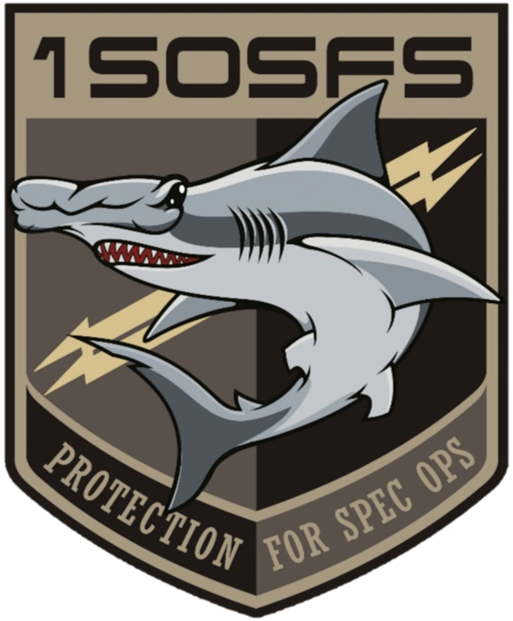 1 SOSFS patch featuring hammerhead shark, the unit mascot, and bottom text "Protection for spec ops".