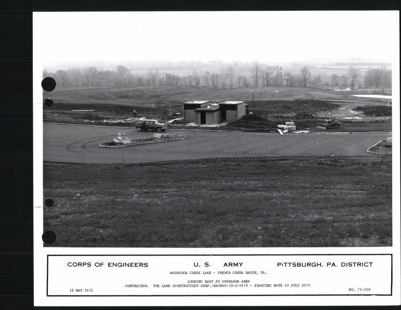 A historic photo of the Woodcock Creek Lake overlook area taken during its construction in 1971.