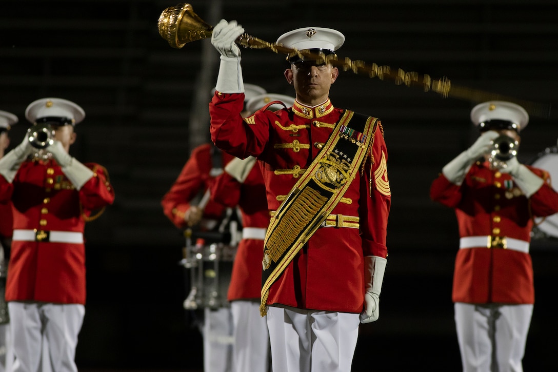 A military band performs at night.