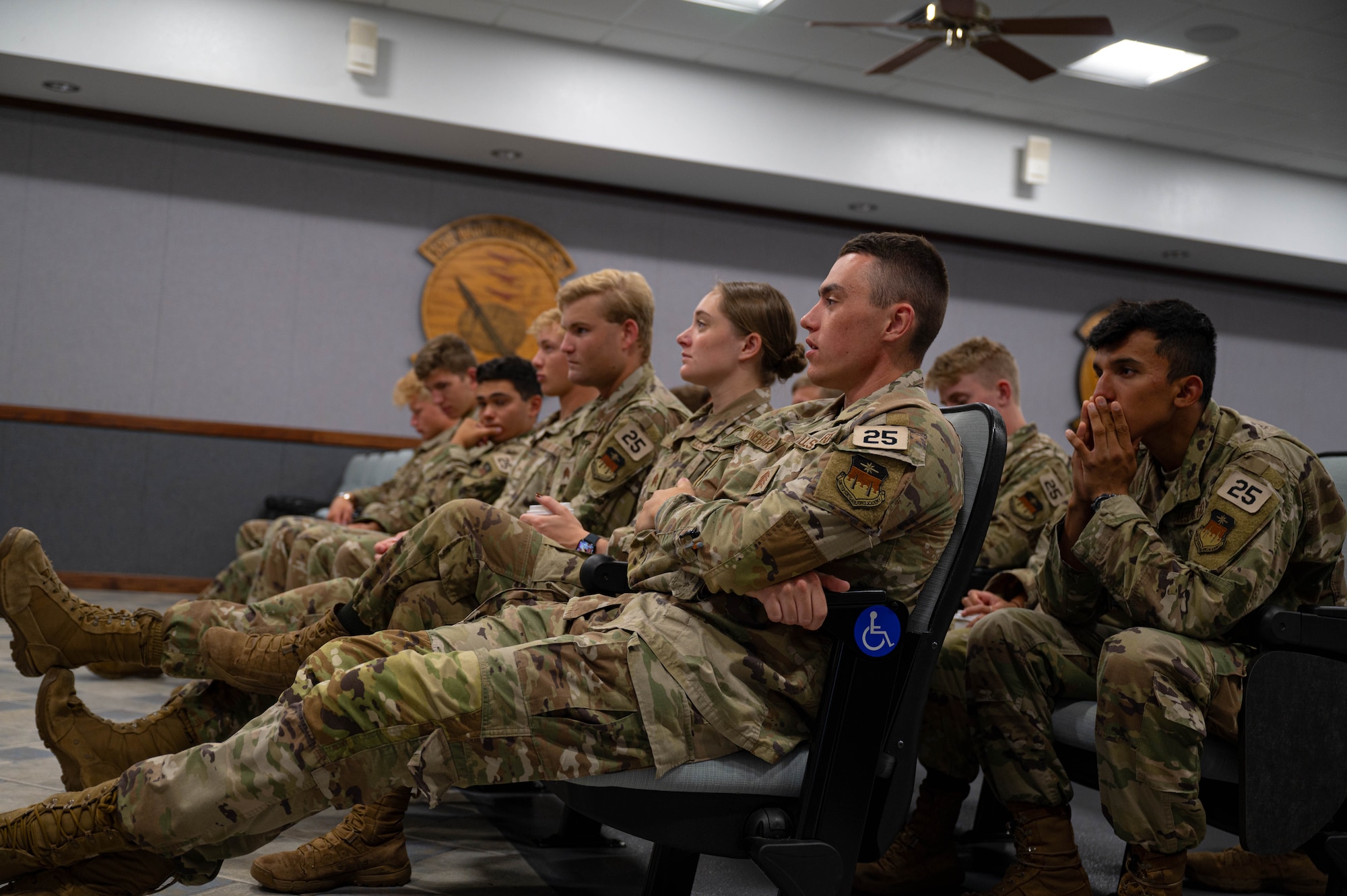 Cadets from the U.S. Air Force Academy listen to an officer panel comprised of 350th Spectrum Warfare Wing personnel during a visit at Eglin Air Force Base, Fla., June 20, 2023. Cadets visited Eglin AFB as part of a professional development summer session to learn more about officer life and the operational Air Force. (U.S. Air Force photo by 1st Lt. Benjamin Aronson)