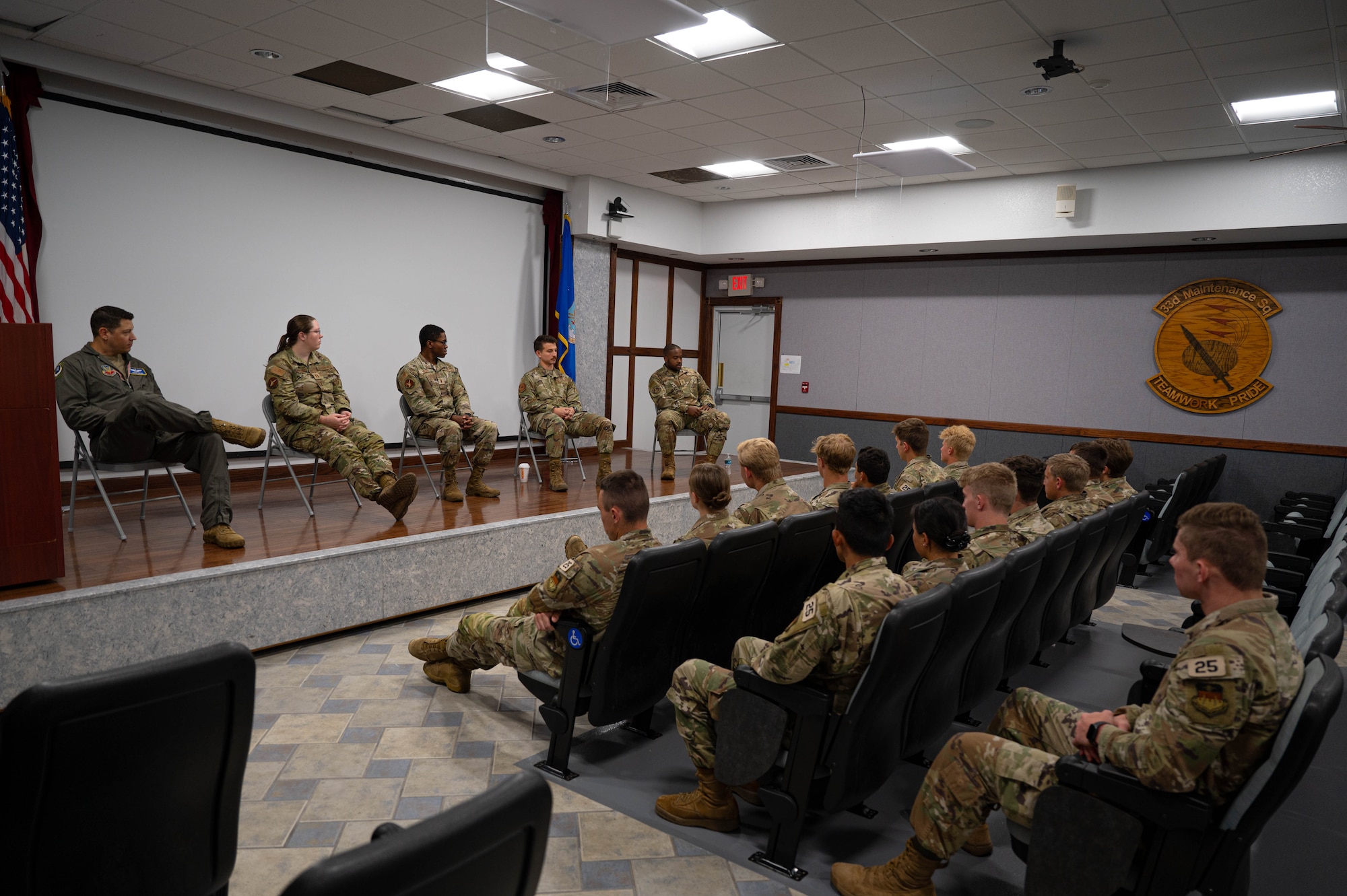 Officers from the 350th Spectrum Warfare Wing host an officer panel for visiting U.S. Air Force Academy cadets during a visit at Eglin Air Force Base, Fla., June 20, 2023. The panel assembled from squadrons across the wing, discussed the day-to-day responsibilities of officers, offered guidance on career paths, and highlighted the various mission opportunities available while shedding light on the world of electronic warfare and its role in achieving air supremacy. (U.S. Air Force photo by 1st Lt. Benjamin Aronson)