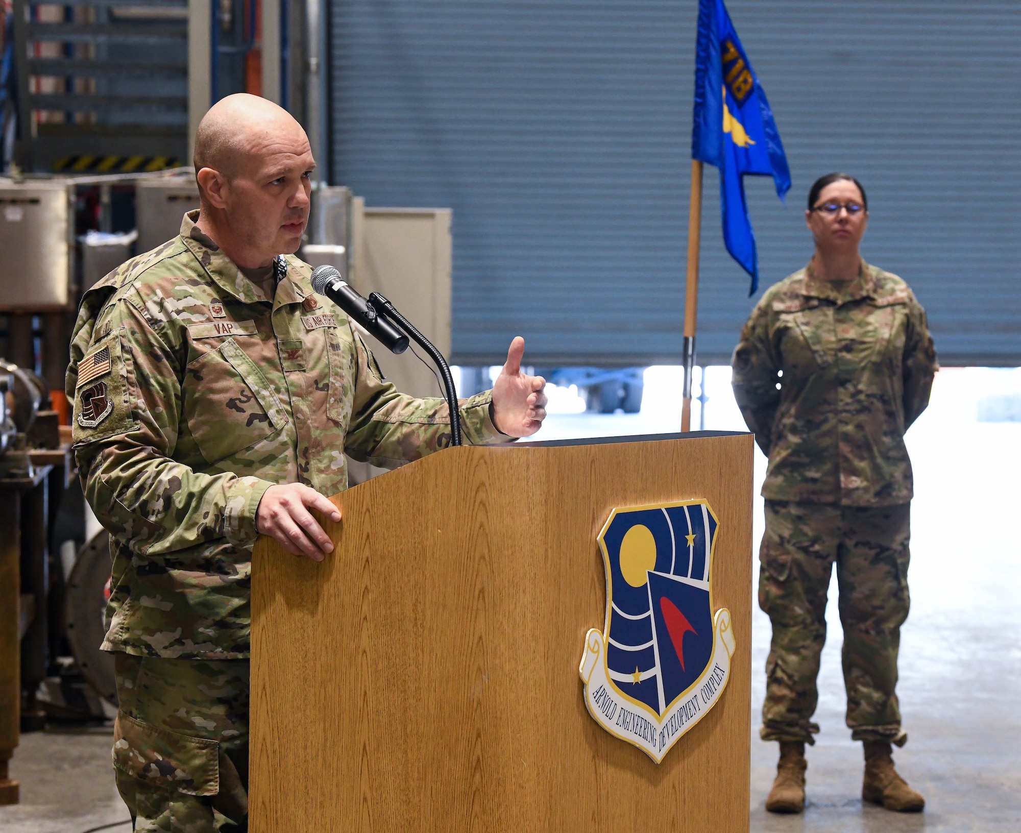 Col. Jason Vap, commander of the 804th Test Group, Arnold Engineering Development Complex, speaks during the 718th Test Squadron Change of Command Ceremony at Arnold Air Force Base, Tenn., June 15, 2023. (U.S. Air Force photo by Jill Pickett)