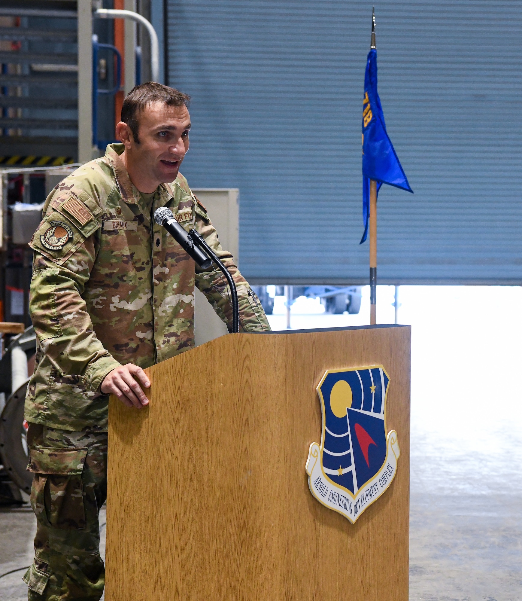 Lt. Col. Bradley Breaux, 718th Test Squadron commander, speaks after assuming command of the squadron during a change of command ceremony at Arnold Air Force Base, Tenn., June 15, 2023. (U.S. Air Force photo by Jill Pickett)