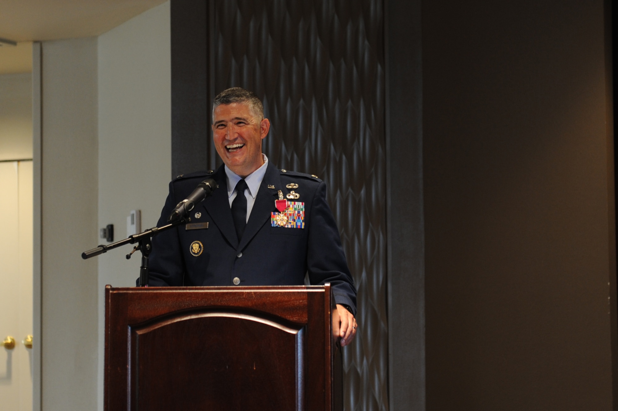 Col. Kenneth Stremmel, outbound Global Exploitation Intelligence Group commander, provided remarks and shared laughs as he recounted his time as GX commander at Wright-Patterson Air Force Base, Ohio, June 30, 2023. Under his lead, GX closed longstanding intelligence gaps by standing up the U.S. Air Force’s largest forward deployed material acquisition in 30 years, leading to the discovery of more than 100 new data sources. (U.S. Air Force photo by Senior Airman Kendall Stuckman)
