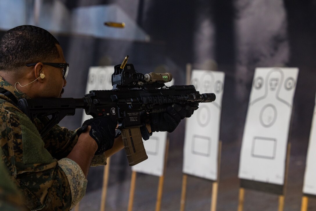 U.S. Marines with the 26th Marine Expeditionary Unit’s (Special Operations Capable) (MEU(SOC)) Maritime Special Purpose Force engage targets during a joint live-fire range with Federal Bureau of Investigation (FBI) Hostage Rescue Team (HRT) instructors on Stone Bay, North Carolina, June 28, 2023. The 26th MEU(SOC) trained alongside HRT operators in order to gain an understanding of the use and application of fundamental tactics in close range environments in preparation for the 26th MEU(SOC) scheduled deployment. (U.S. Marine Corps photo by Cpl. Aziza Kamuhanda)