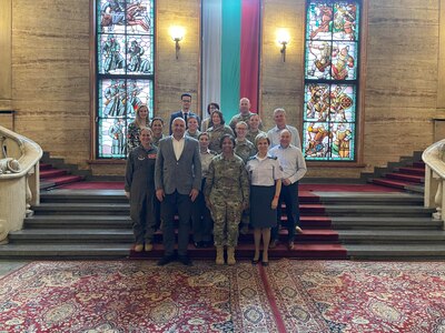 Members of  the Tennessee National Guard’s Women, Peace and Security delegation pose with Col. Nevyana Miteva and the Bulgarian delegation at the Bulgarian Ministry of Defense in Sofia June 22, 2023. Tennessee and Bulgaria are partners in the Department of Defense National Guard Bureau State Partnership Program.