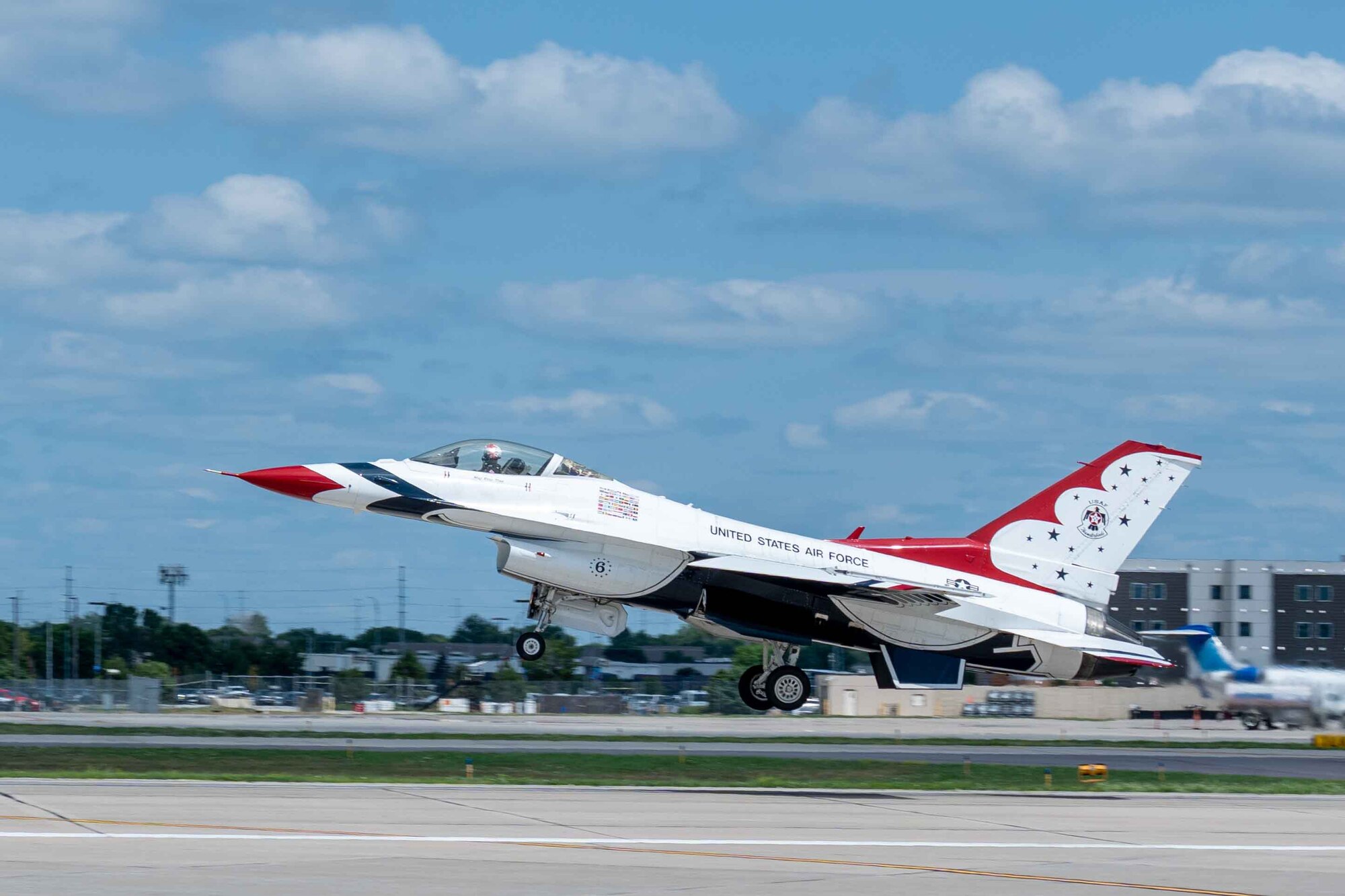 U.S. Air Force Thunderbird #6 takes off after fuel stop at 114th Fighter Wing, Joe Foss, South Dakota, July 5, 2023.
