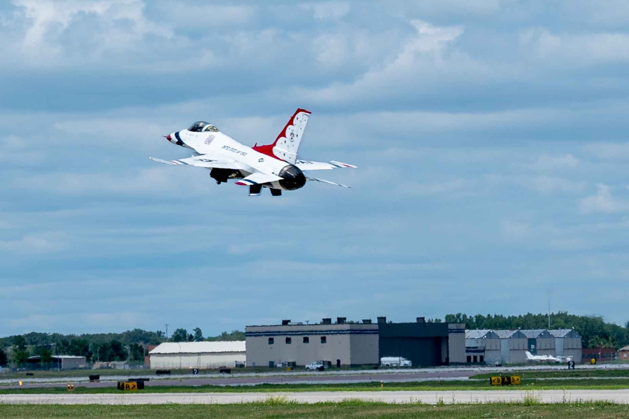 U.S. Air Force Thunderbird #6 takes off after fuel stop at 114th Fighter Wing, Joe Foss, South Dakota, July 5, 2023.