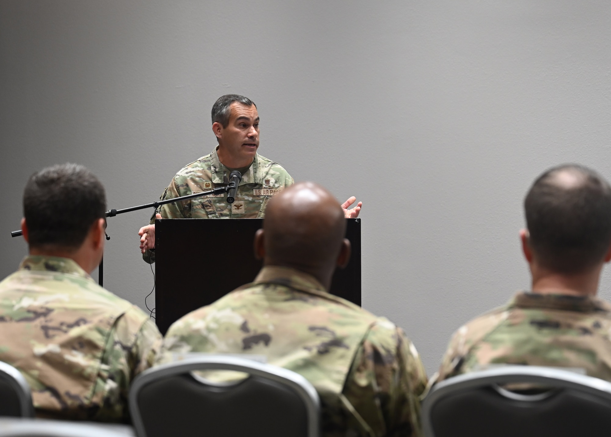 U.S. Air Force Col. Ian Rybczynski, 17th Medical Group commander, speaks after the group's change of command ceremony at the Powell Event Center, Goodfellow Air Force Base, Texas, July 6, 2023. The 17th MDG supports the 17th Training Wing in the execution of the Air Education and Training Command’s mission by ensuring the health and readiness of the base population. (U.S. Air Force photo by Airman 1st Class Zach Heimbuch)