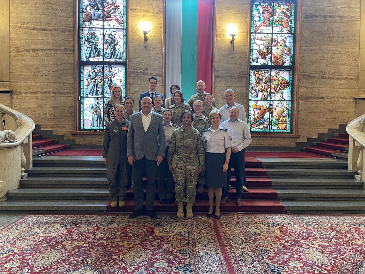 Members of  the Tennessee National Guard’s Women, Peace and Security delegation pose with Col. Nevyana Miteva and the Bulgarian delegation at the Bulgarian Ministry of Defense in Sofia June 22, 2023. Tennessee and Bulgaria are partners in the Department of Defense National Guard Bureau State Partnership Program.