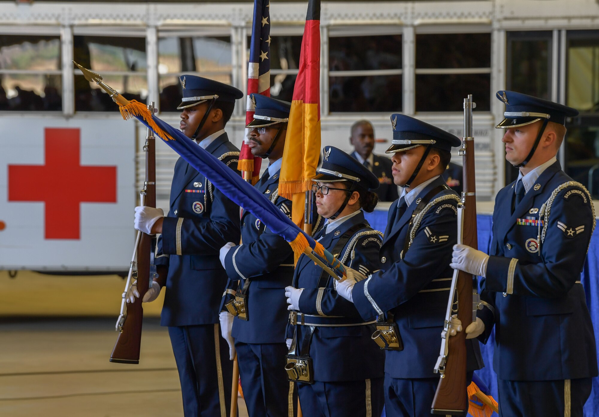 Members of the U.S. Air Force 786th Force Support Squadron’s Honor Guard present the colors at the 86th Medical Group change of command ceremony at Ramstein Air Base, Germany, July 6, 2023. This ceremony signified the transfer of responsibilities from the outgoing commander, Col. Richard McClure, to the incoming commander, Col. Dwayne Baca. (U.S. Air Force photo by Airman Trevor Calvert)