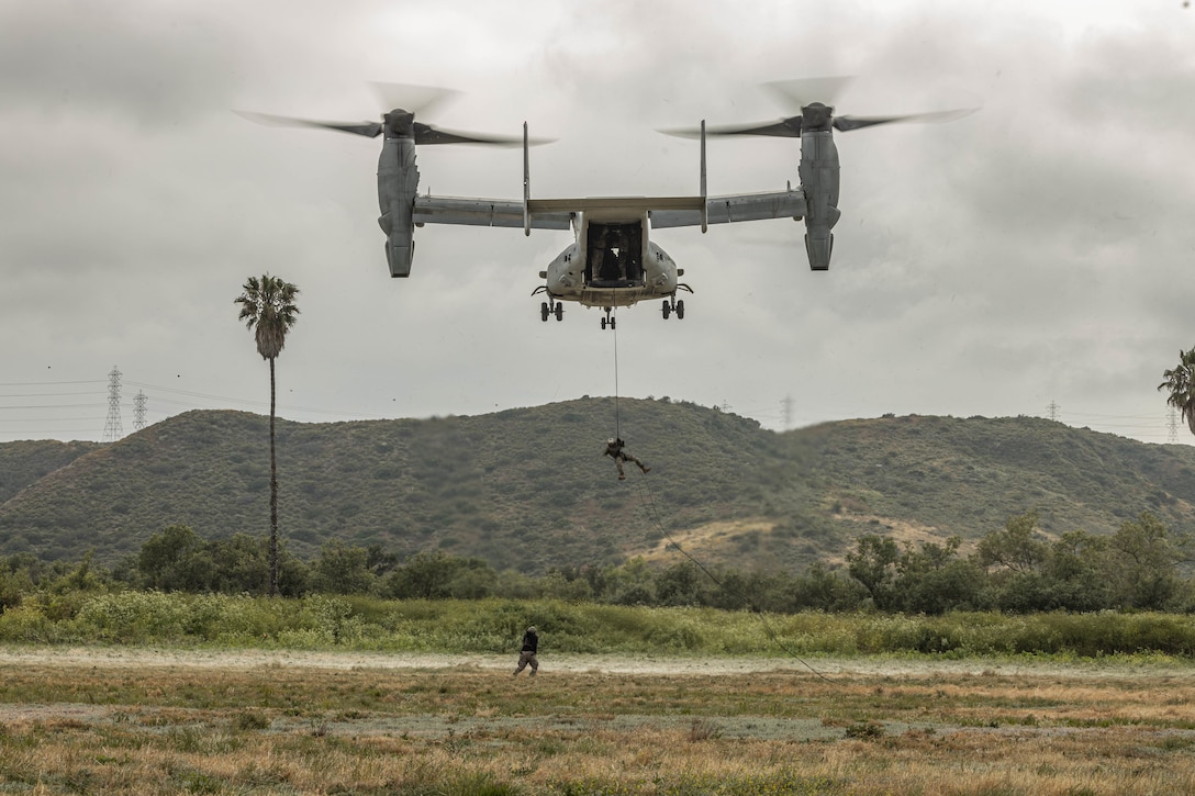 U.S. Marines with 1st Reconnaissance Battalion, 1st Marine Division, 4th Reconnaissance Battalion, 4th Marine Division, and 1st Air Naval Gunfire Liaison Company, I Marine Expeditionary Force Information Group, rappel out of an MV-22 Osprey during a helicopter rope suspension techniques course hosted by Expeditionary Operations Training Group, I MEF, at Marine Corps Base Camp Pendleton, California, June 14, 2023. The helicopter rope suspension techniques course creates HRST masters which are capable of supporting fast rope, rappel, and special patrol insertion/extraction operations from any U.S. Marine Corps helicopter and tiltrotor aircraft as a means to insert and extract ground forces into or from rough terrain and urban areas. (U.S. Marine Corps photo by Cpl. Gurule)