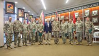 Sen. Mitch McConnell, center, stands with V Corps Soldiers after an awards ceremony during a visit to V Corps Headquarters, at Fort Knox, Kentucky, July 5, 2023. McConnell visited U.S. Army V Corps’ Headquarters to meet with corps leaders and to recognize Victory Corps soldiers for their recent military achievements. (U.S. Army photo by Spc. Devin Klecan)