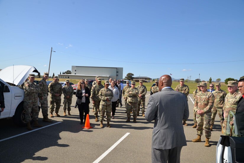 Seniors leaders from across the Army Reserve are briefed by Neville Jordan, Army Reserve Electric Vehicle Program Manager, at the recent 2023 Senior Commander / Garrison Commander Conference at Parks Reserve Forces Training Area. Conference attendees were able to test drive electric vehicles and learn about the vehicle chargers slated for installation in the summer of 2023. Army Reserve photo taken by Mr. James O’Donnell, Parks Reserve Forces Training Area Public Affairs.