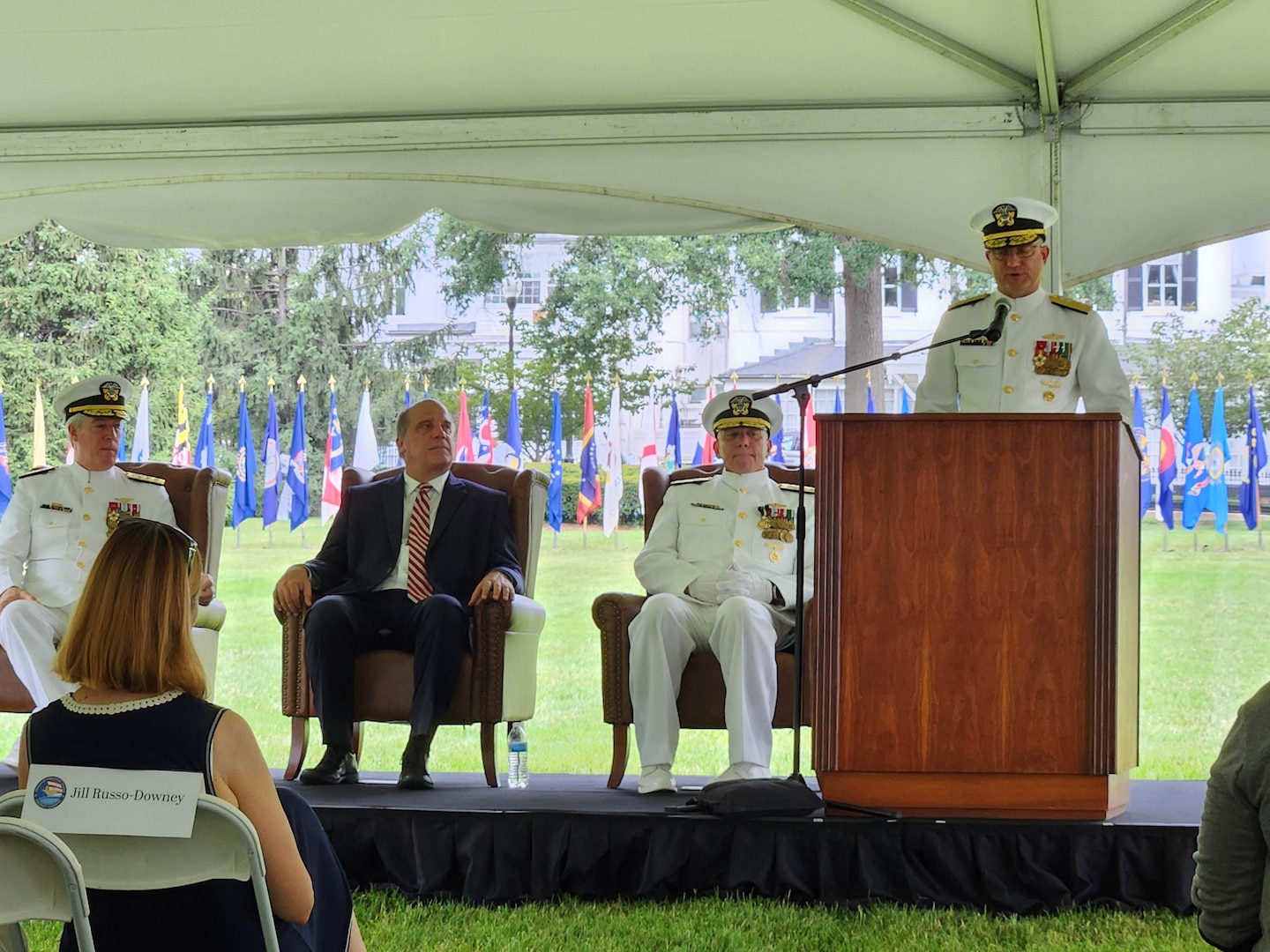 Rear Adm. Casey J. Moton, incoming Program Executive Officer for Aircraft Carriers (PEO CVN), speaks during a change-of-office ceremony, at the Washington Navy Yard, July 7.