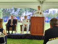 Rear Adm. John Meier, U.S. Navy, Commander, Naval Air Force Atlantic, speaks at the Program Executive Office Aircraft Carriers (PEO CVN) Change-of-Office Ceremony at the Washington Navy Yard, July 7.