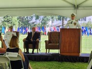 Rear Adm. James P. Downey, Program Executive Officer for Aircraft Carriers (PEO CVN), speaks during his change-of-office ceremony, at the Washington Navy Yard, July 7.