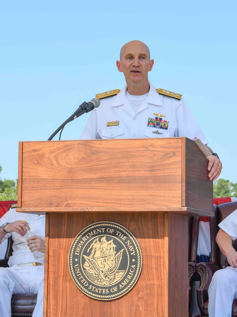 Adm. James F. Caldwell Jr., director, Naval Nuclear Propulsion Program, speaks during a United States Naval Nuclear Power School (NPS) graduation ceremony Naval Nuclear Power Training Command (NNPTC), July 7, 2023. Three Royal Australian Navy (RAN) officers graduated NPS, marking a significant step in Australia's goal to operate conventionally-armed, nuclear-powered attack submarines (SSNs). (U.S. Navy photo by Mass Communication Specialist 2nd Class Dart D. De La Garza/RELEASED)