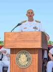 Adm. James F. Caldwell Jr., director, Naval Nuclear Propulsion Program, speaks during a United States Naval Nuclear Power School (NPS) graduation ceremony Naval Nuclear Power Training Command (NNPTC), July 7, 2023. Three Royal Australian Navy (RAN) officers graduated NPS, marking a significant step in Australia's goal to operate conventionally-armed, nuclear-powered attack submarines (SSNs). (U.S. Navy photo by Mass Communication Specialist 2nd Class Dart D. De La Garza/RELEASED)