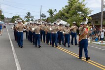 The Marine Corps Forces, Pacific Band performs during the Kailua Independence Day Parade, Kailua, Hawaii, July 4, 2023. The 77th annual parade allowed the community to come together and celebrate the independence of the nation. (U.S. Marine Corps photo by Cpl. Chandler Stacy)