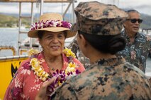Leialoha Rocky Kaluhiwa, head of Hawaii State Ahu Moku, State of Hawaii, Department of Land and Resources, welcomes Marine Corps Base Hawaii leadership during a Kaneohe Bay cultural orientation tour at MCBH, June 30, 2023. Kaluhiwa and Mahealani Cypher, president of the Koolau Foundation, invited Col. Jeremy W. Beaven, commanding officer of MCBH, his staff, and other civic leaders to attend the tour to foster community relations between the base and local officials. (U.S. Marine Corps photo by Sgt. Julian Elliott-Drouin)